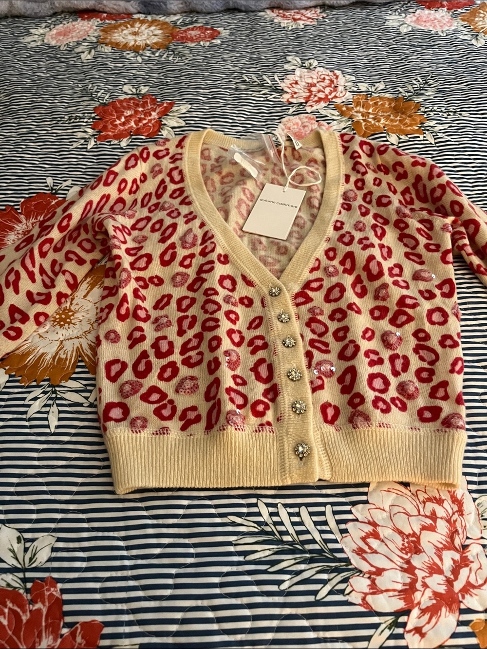 Autumn Cashmere Cream Leopard Print V-Neck Cardigan with Jeweled Buttons
